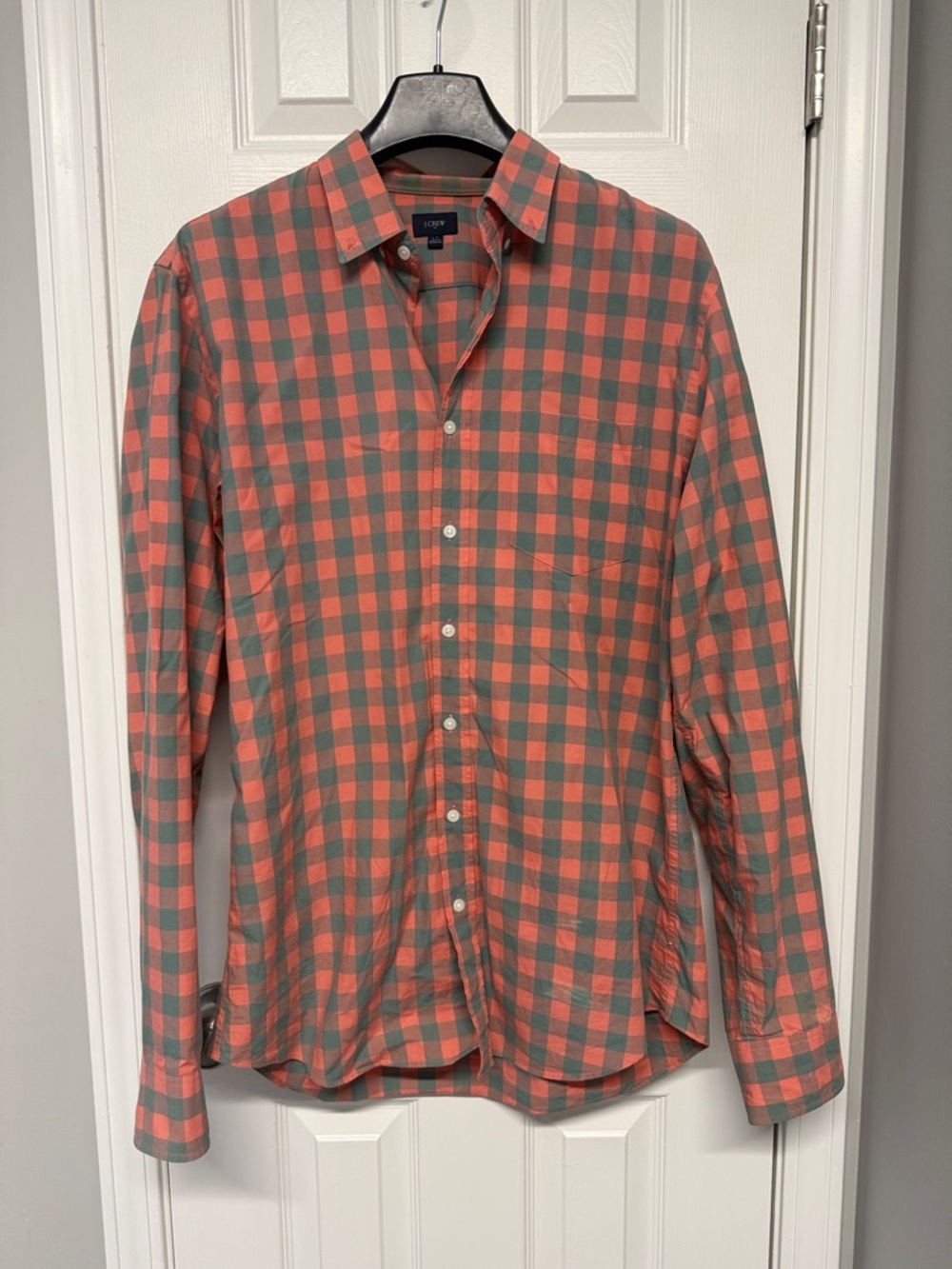 J. Crew Coral and Gray Gingham Button-Down Shirt